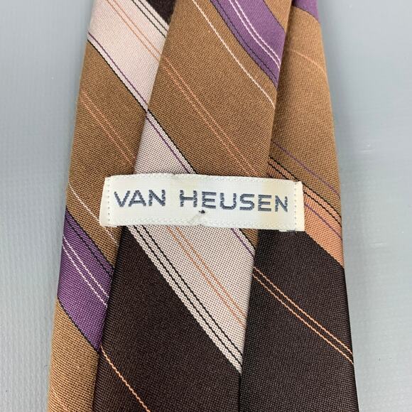 VAN HEUSEN Dark Brown & Taupe Diagonal Stripe Polyester / Silk Tie - Picture 4 of 4